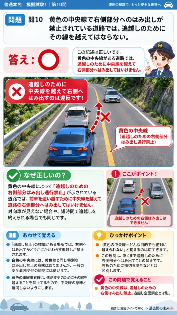 【普通免許本免学科試験】模擬試験1｜問10｜黄色実線の中央線を越える可否｜歩行者と運転者に共通の心得を解説する画像__honmen-set-01-q010