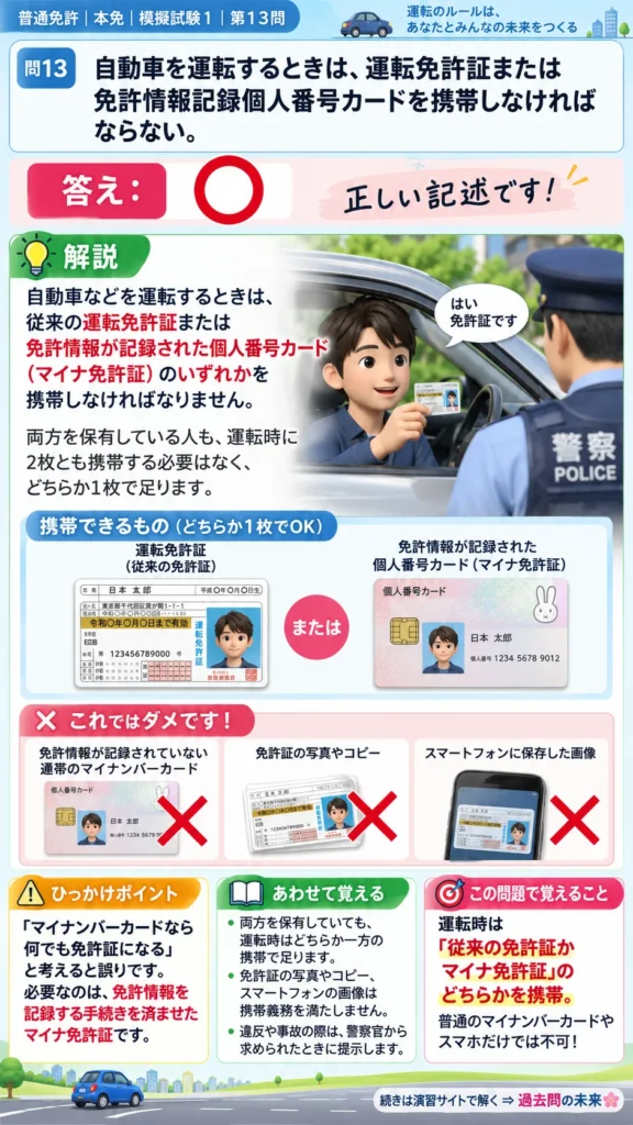 【普通免許本免学科試験】模擬試験1｜問13｜運転免許証を携帯して運転する義務｜自動車や一般原動機付自転車を運転する前の心得を解説する画像__honmen-set-01-q013
