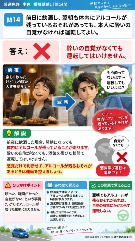 【普通免許本免学科試験】模擬試験1｜問14｜翌朝に残るアルコールと運転禁止｜自動車や一般原動機付自転車を運転する前の心得を解説する画像__honmen-set-01-q014