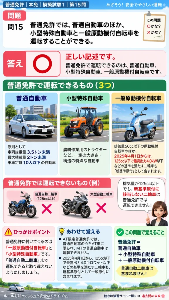 【普通免許本免学科試験】模擬試験1｜問15｜普通免許で運転できる自動車の範囲｜自動車や一般原動機付自転車を運転する前の心得を解説する画像__honmen-set-01-q015
