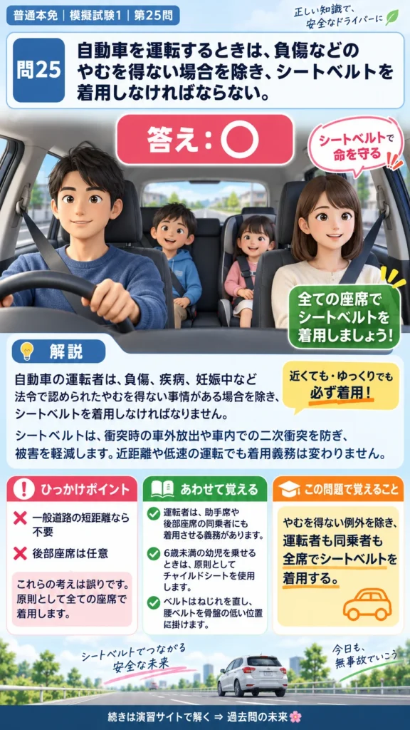 【普通免許本免学科試験】模擬試験1｜問25｜運転者がシートベルトを着用する義務｜自動車や一般原動機付自転車の運転の方法を解説する画像__honmen-set-01-q025