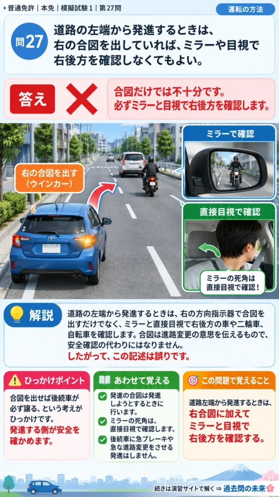 【普通免許本免学科試験】模擬試験1｜問27｜道路左端から発進する際の後方確認｜自動車や一般原動機付自転車の運転の方法を解説する画像__honmen-set-01-q027