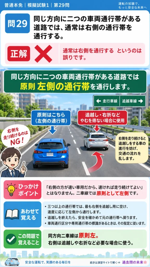 【普通免許本免学科試験】模擬試験1｜問29｜二つの車両通行帯がある道路の原則位置｜自動車や一般原動機付自転車の運転の方法を解説する画像__honmen-set-01-q029