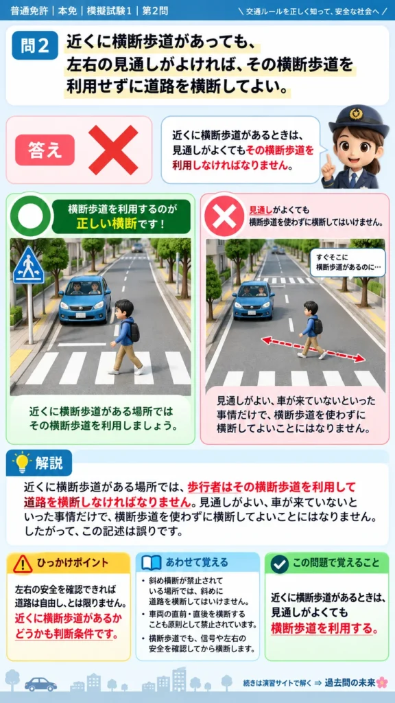 【普通免許本免学科試験】模擬試験1｜問2｜横断歩道が近くにある場合の横断｜歩行者と運転者に共通の心得を解説する画像__honmen-set-01-q002