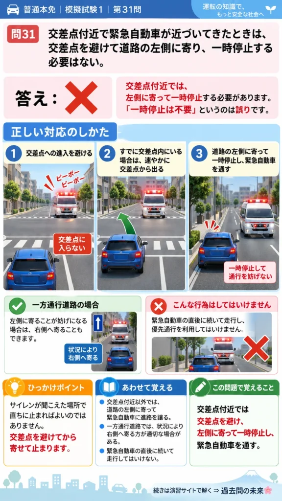 【普通免許本免学科試験】模擬試験1｜問31｜交差点付近で緊急自動車が接近したときの対応｜自動車や一般原動機付自転車の運転の方法を解説する画像__honmen-set-01-q031