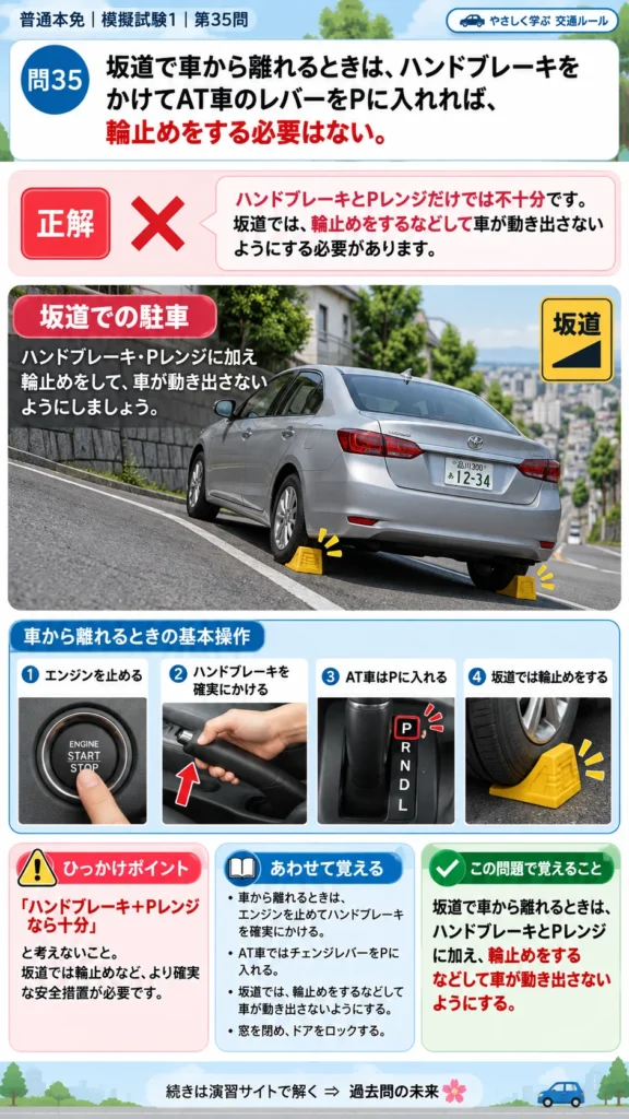 【普通免許本免学科試験】模擬試験1｜問35｜坂道で車から離れるときの安全措置｜自動車や一般原動機付自転車の運転の方法を解説する画像__honmen-set-01-q035