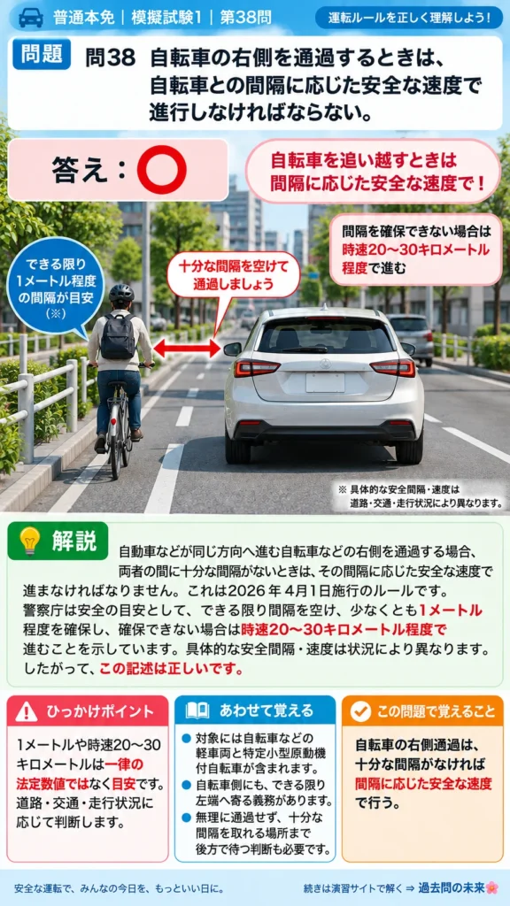 【普通免許本免学科試験】模擬試験1｜問38｜自転車の側方通過時に安全間隔を取る判断｜自動車や一般原動機付自転車の運転の方法を解説する画像__honmen-set-01-q038