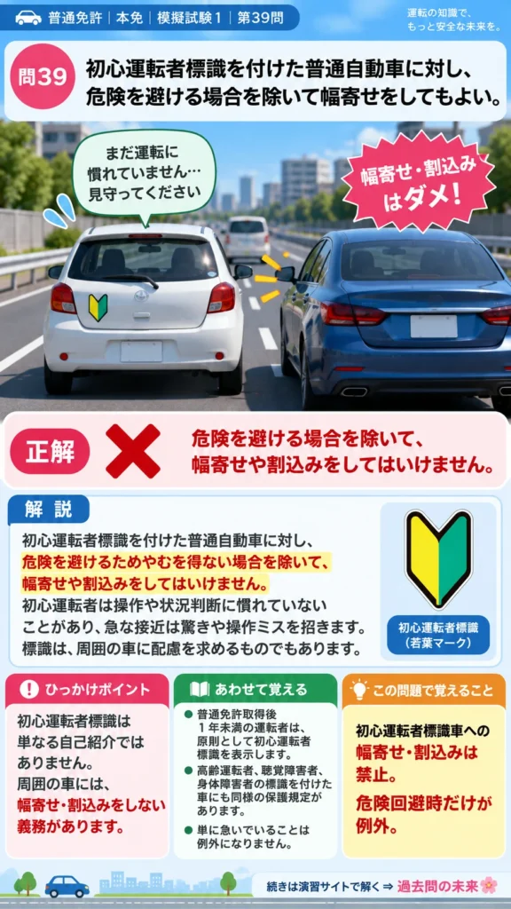 【普通免許本免学科試験】模擬試験1｜問39｜初心運転者標識車への幅寄せ禁止｜自動車や一般原動機付自転車の運転の方法を解説する画像__honmen-set-01-q039