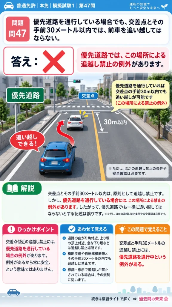 【普通免許本免学科試験】模擬試験1｜問47｜優先道路の交差点付近における追越し｜自動車や一般原動機付自転車の運転の方法を解説する画像__honmen-set-01-q047