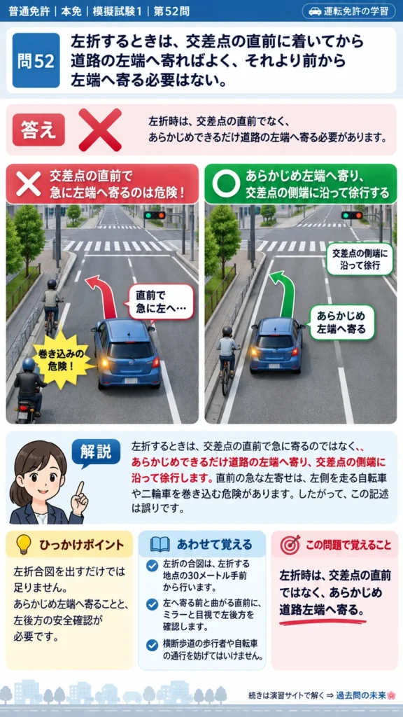 【普通免許本免学科試験】模擬試験1｜問52｜左折前に道路左端へ寄る時期｜自動車や一般原動機付自転車の運転の方法を解説する画像__honmen-set-01-q052