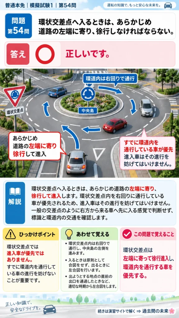 【普通免許本免学科試験】模擬試験1｜問54｜環状交差点へ入るときの徐行｜自動車や一般原動機付自転車の運転の方法を解説する画像__honmen-set-01-q054