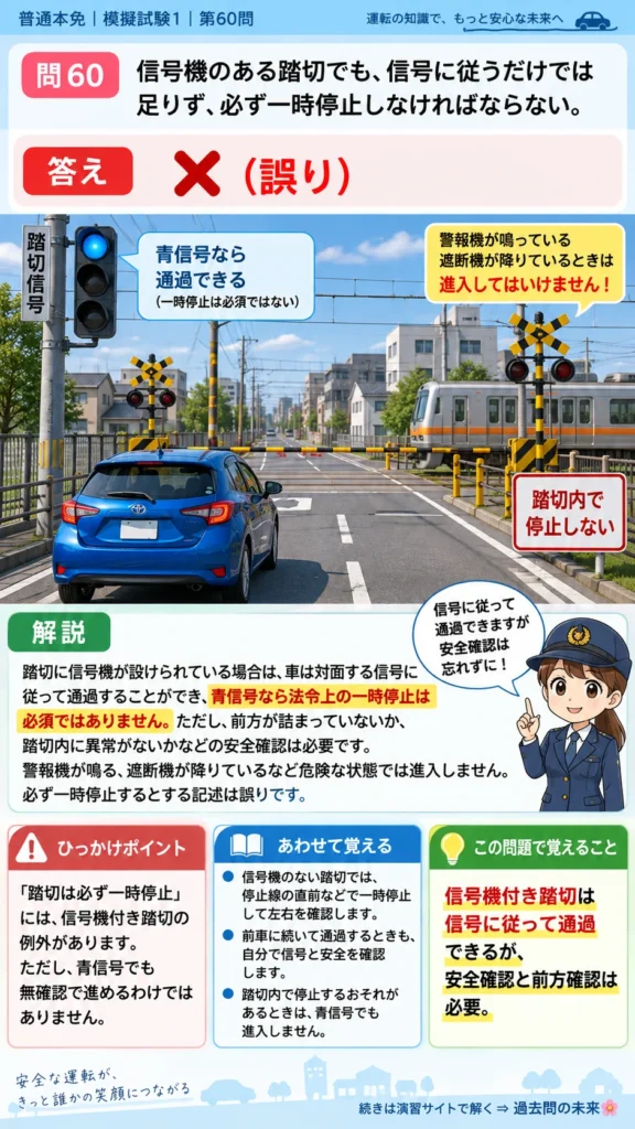【普通免許本免学科試験】模擬試験1｜問60｜信号機のある踏切で信号に従う通過｜危険な場所などでの運転を解説する画像__honmen-set-01-q060