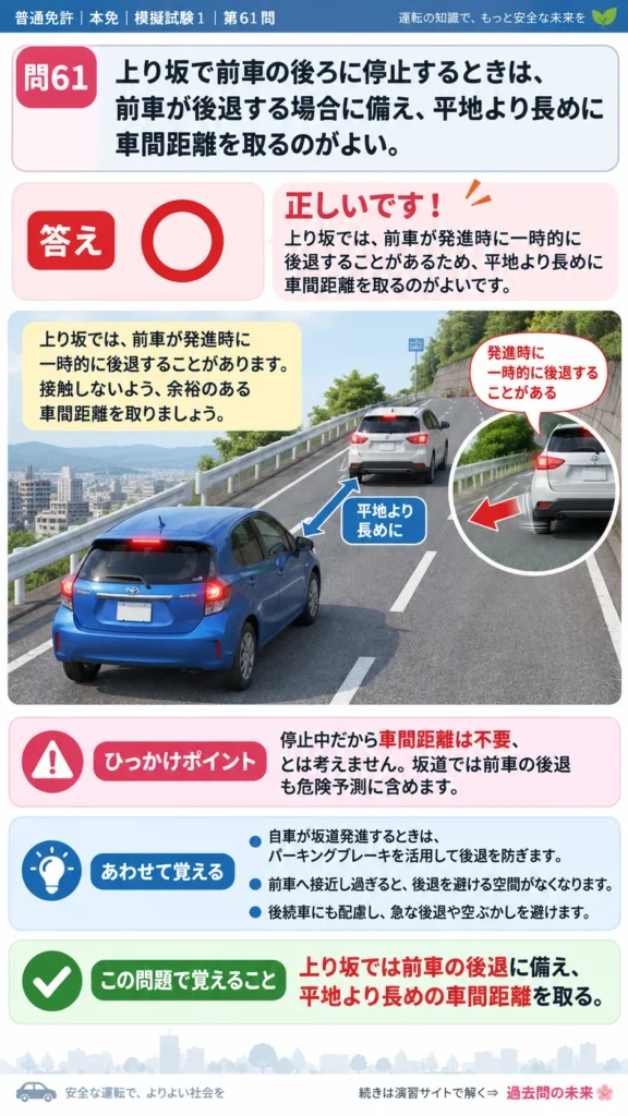 【普通免許本免学科試験】模擬試験1｜問61｜上り坂で前車との間隔を長く取る理由｜危険な場所などでの運転を解説する画像__honmen-set-01-q061