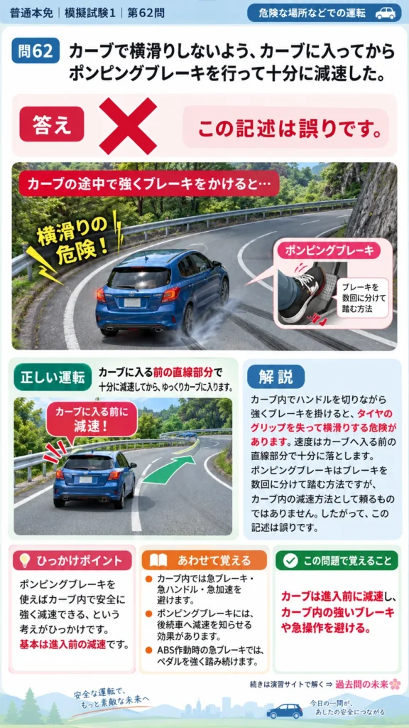 【普通免許本免学科試験】模擬試験1｜問62｜カーブ進入前の減速とポンピングブレーキ｜危険な場所などでの運転を解説する画像__honmen-set-01-q062