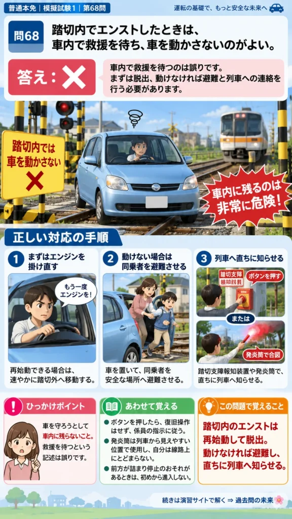 【普通免許本免学科試験】模擬試験1｜問68｜踏切・交差点でエンストしたとき冷静に再始動｜危険な場所などでの運転を解説する画像__honmen-set-01-q068