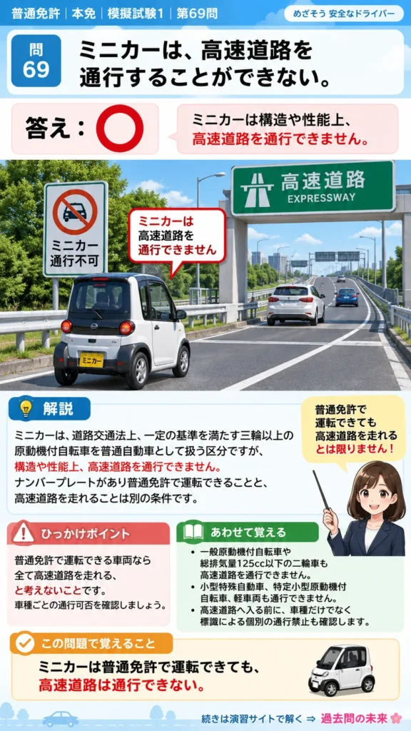 【普通免許本免学科試験】模擬試験1｜問69｜高速道路を通行できないミニカー｜高速道路での走行を解説する画像__honmen-set-01-q069