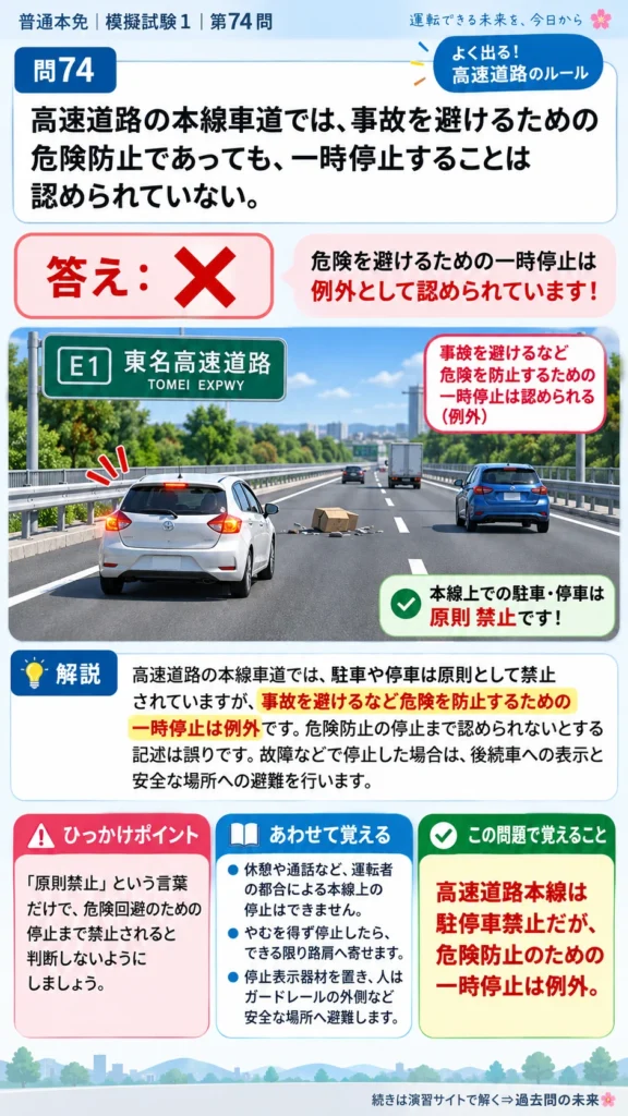 【普通免許本免学科試験】模擬試験1｜問74｜高速道路本線で停止できる例外｜高速道路での走行を解説する画像__honmen-set-01-q074