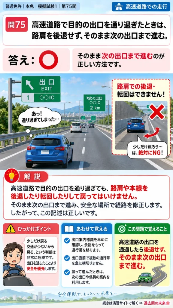 【普通免許本免学科試験】模擬試験1｜問75｜高速道路で出口を通り過ぎたとき｜高速道路での走行を解説する画像__honmen-set-01-q075