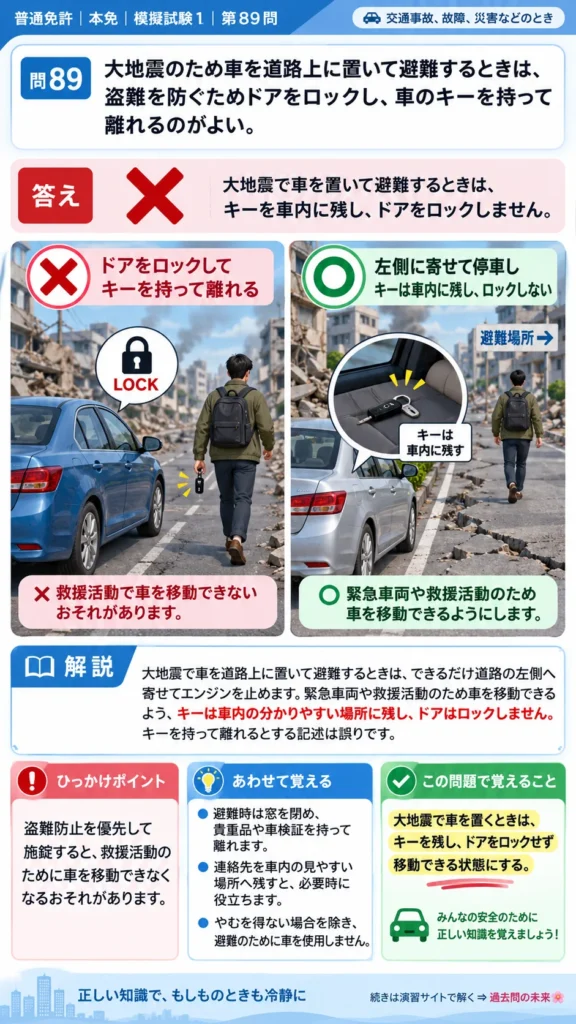 【普通免許本免学科試験】模擬試験1｜問89｜大地震で車を置いて避難するとき｜交通事故、故障、災害などのときを解説する画像__honmen-set-01-q089