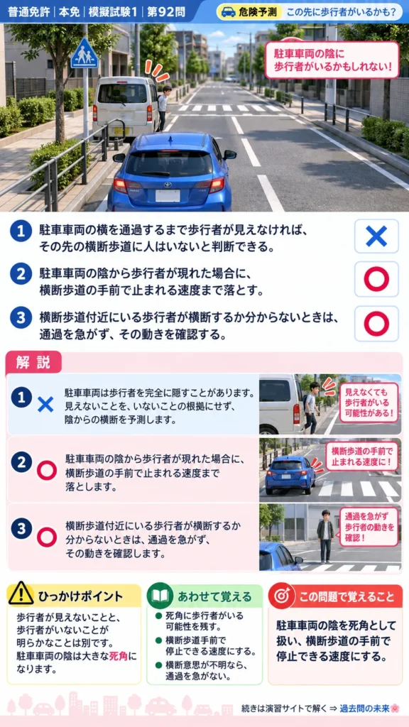【普通免許本免学科試験】模擬試験1｜問92｜駐車車両の陰と横断歩道｜危険予測を解説する画像__honmen-set-01-q092