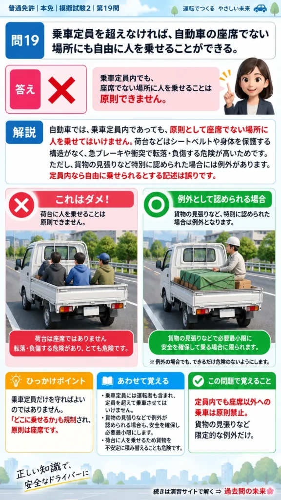 【普通免許本免学科試験】模擬試験2｜問19｜座席でない場所に人を乗せない原則｜自動車や一般原動機付自転車を運転する前の心得を解説する画像__honmen-set-02-q019