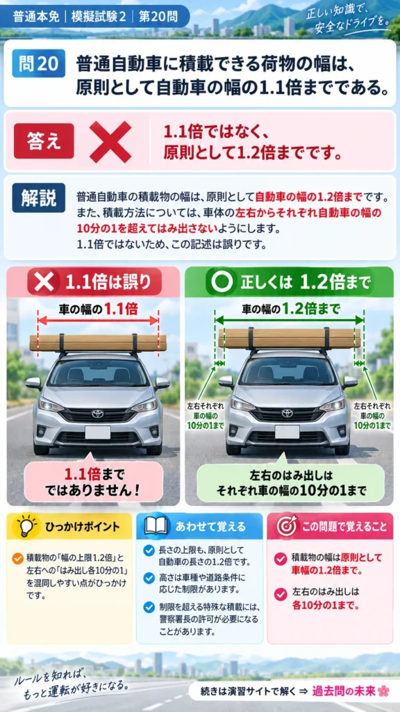 【普通免許本免学科試験】模擬試験2｜問20｜積載物の幅の制限｜自動車や一般原動機付自転車を運転する前の心得を解説する画像__honmen-set-02-q020