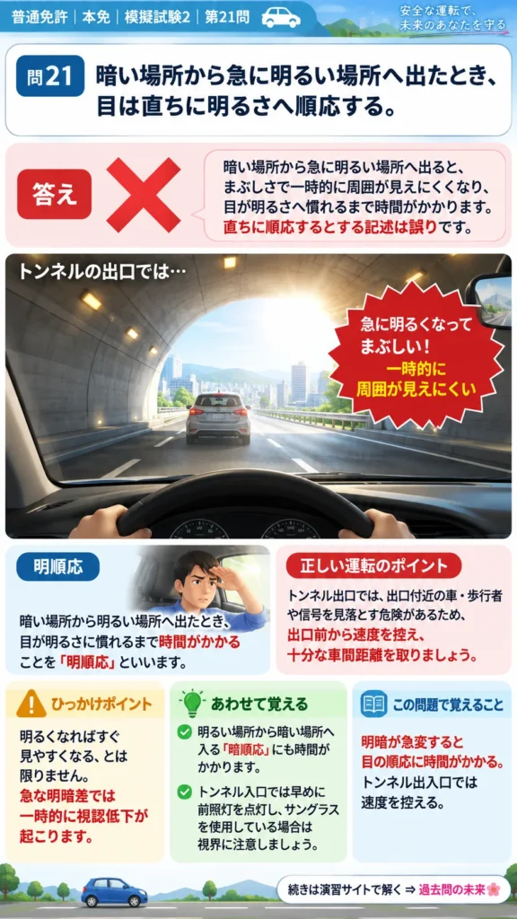 【普通免許本免学科試験】模擬試験2｜問21｜暗い所から明るい所へ出るときの視覚順応｜自動車や一般原動機付自転車を運転する前の心得を解説する画像__honmen-set-02-q021