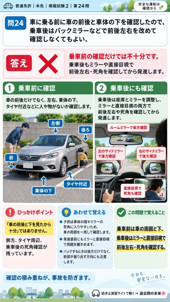 【普通免許本免学科試験】模擬試験2｜問24｜発進前に確認する範囲｜自動車や一般原動機付自転車の運転の方法を解説する画像__honmen-set-02-q024