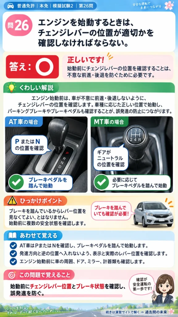 【普通免許本免学科試験】模擬試験2｜問26｜チェンジレバー位置を確認して始動｜自動車や一般原動機付自転車の運転の方法を解説する画像__honmen-set-02-q026