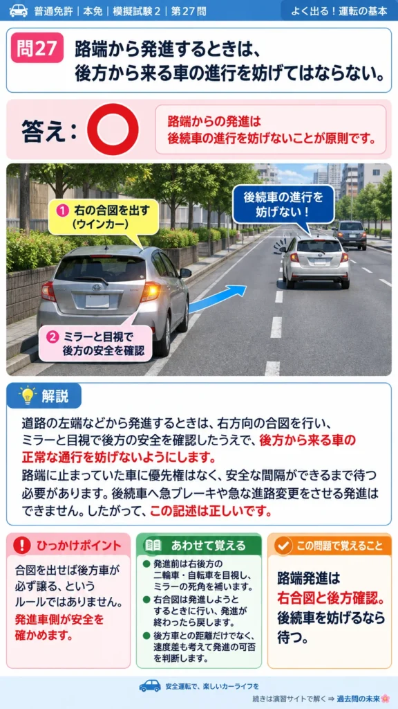 【普通免許本免学科試験】模擬試験2｜問27｜路端から発進する際の後方車優先｜自動車や一般原動機付自転車の運転の方法を解説する画像__honmen-set-02-q027