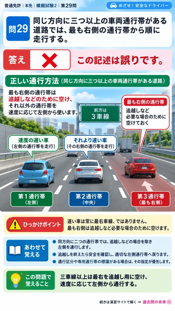 【普通免許本免学科試験】模擬試験2｜問29｜三つ以上の車両通行帯がある道路の通行位置｜自動車や一般原動機付自転車の運転の方法を解説する画像__honmen-set-02-q029