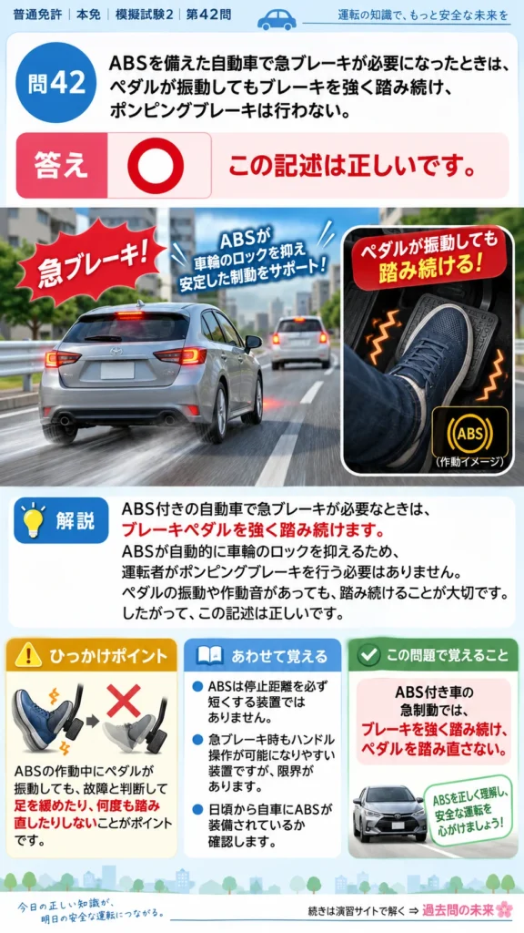 【普通免許本免学科試験】模擬試験2｜問42｜ABS作動時のブレーキ操作｜自動車や一般原動機付自転車の運転の方法を解説する画像__honmen-set-02-q042