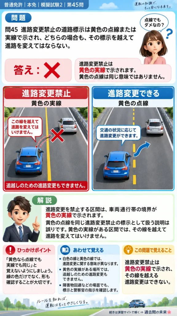【普通免許本免学科試験】模擬試験2｜問45｜進路変更禁止の道路標示｜自動車や一般原動機付自転車の運転の方法を解説する画像__honmen-set-02-q045