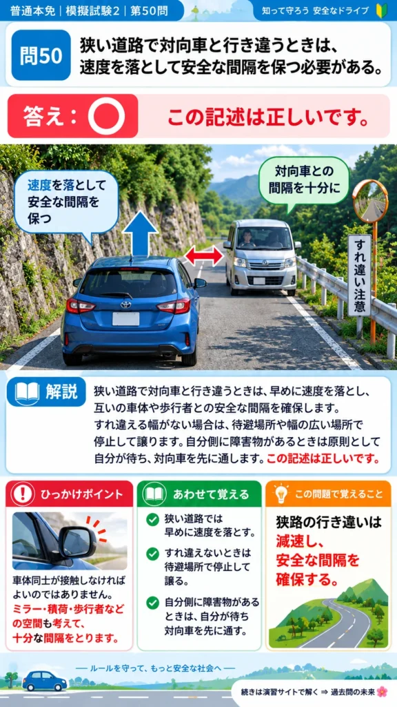 【普通免許本免学科試験】模擬試験2｜問50｜狭い道路で安全に行き違う速度｜自動車や一般原動機付自転車の運転の方法を解説する画像__honmen-set-02-q050