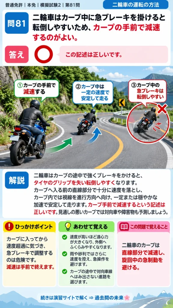 【普通免許本免学科試験】模擬試験2｜問81｜カーブ中に急制動しない理由｜二輪車の運転の方法を解説する画像__honmen-set-02-q081
