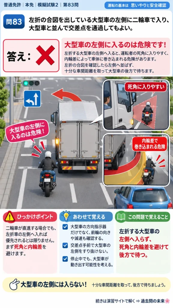 【普通免許本免学科試験】模擬試験2｜問83｜左折する大型車と二輪車の位置｜二輪車の運転の方法を解説する画像__honmen-set-02-q083