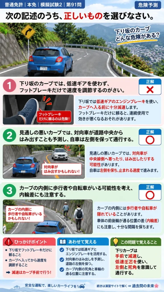 【普通免許本免学科試験】模擬試験2｜問91｜下りカーブの危険予測｜危険予測を解説する画像__honmen-set-02-q091