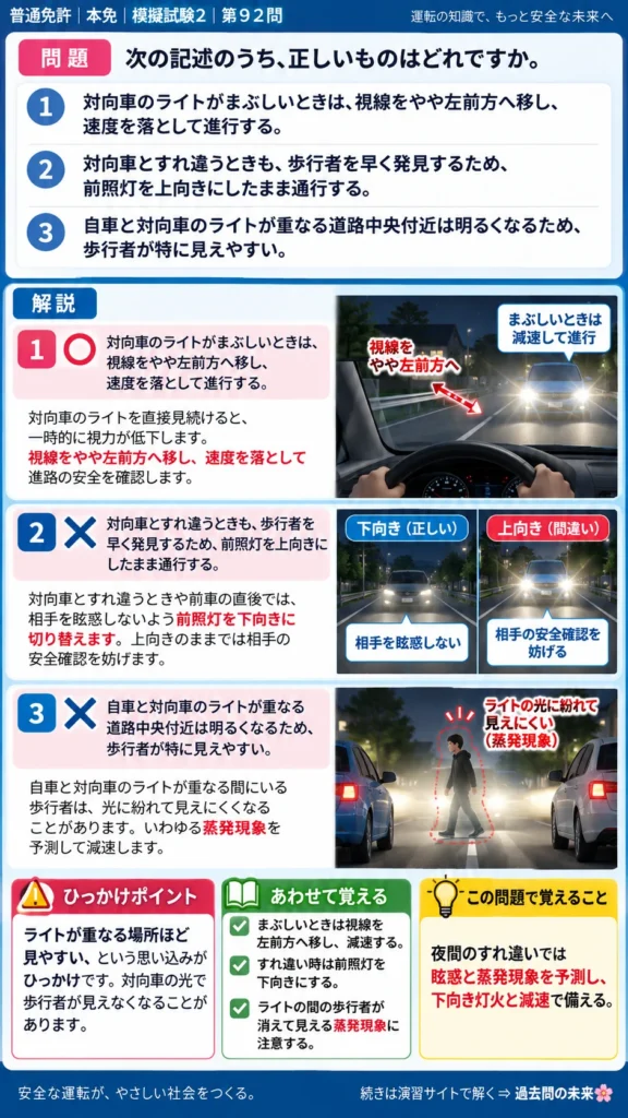 【普通免許本免学科試験】模擬試験2｜問92｜夜間の眩惑と蒸発現象｜危険予測を解説する画像__honmen-set-02-q092