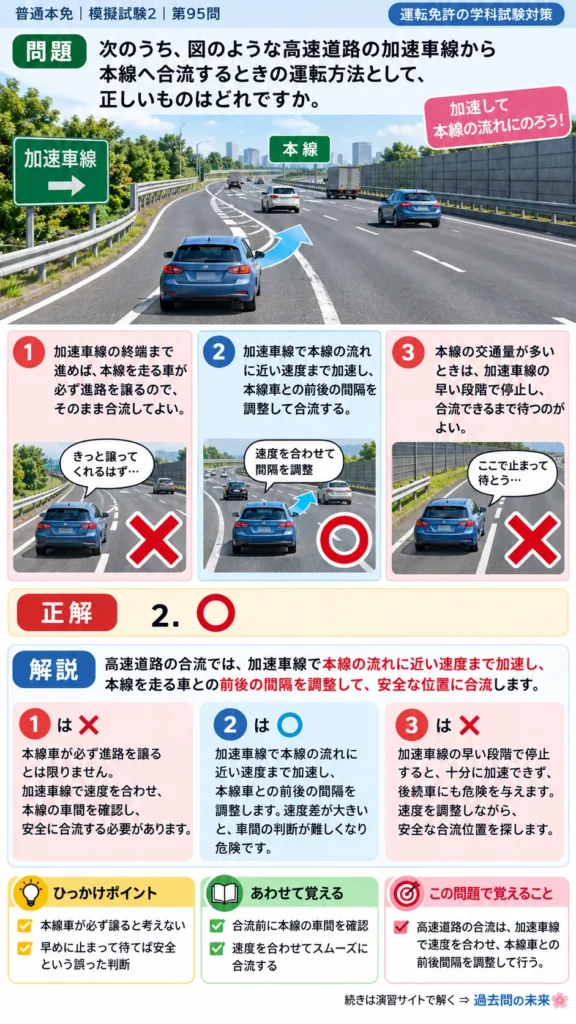 【普通免許本免学科試験】模擬試験2｜問95｜高速道路の安全な合流｜危険予測を解説する画像__honmen-set-02-q095