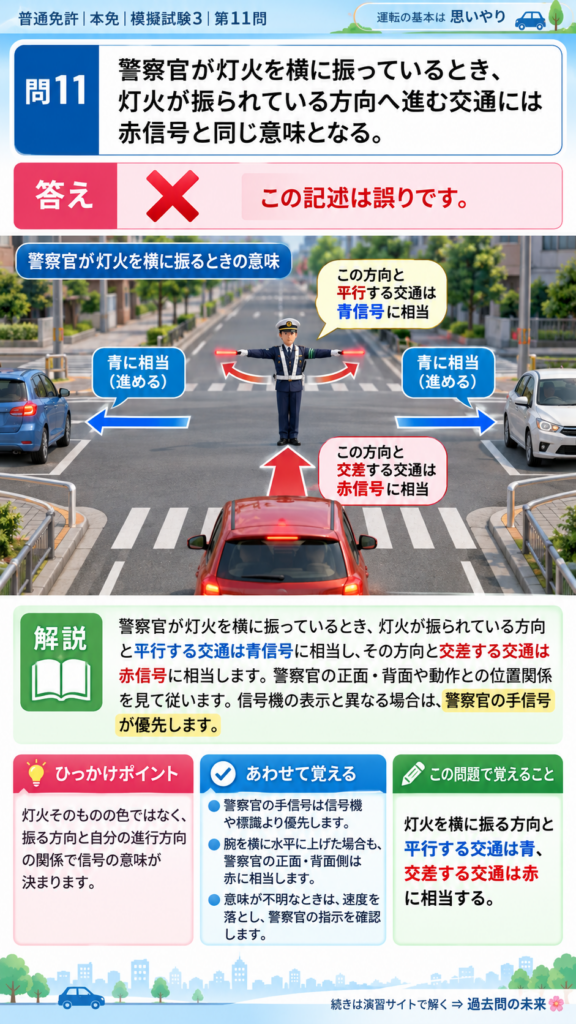 【普通免許本免学科試験】模擬試験3｜問11｜灯火を横に振る手信号｜歩行者と運転者に共通の心得を解説する画像__honmen-set-03-q011