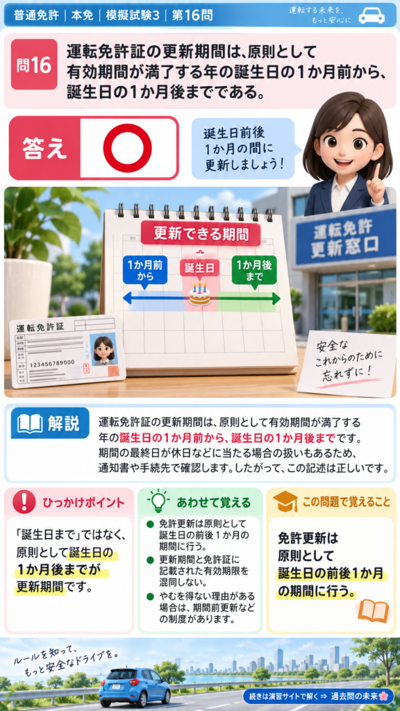 【普通免許本免学科試験】模擬試験3｜問16｜運転免許証の更新期間｜自動車や一般原動機付自転車を運転する前の心得を解説する画像__honmen-set-03-q016
