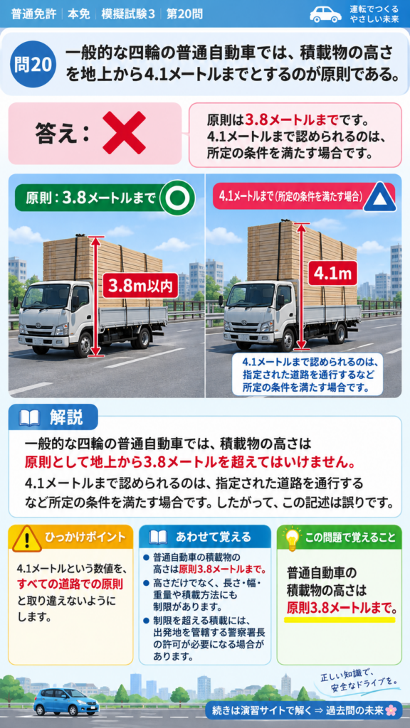【普通免許本免学科試験】模擬試験3｜問20｜普通自動車の積載物の高さ制限｜自動車や一般原動機付自転車を運転する前の心得を解説する画像__honmen-set-03-q020