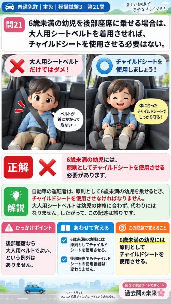 【普通免許本免学科試験】模擬試験3｜問21｜6歳未満の幼児とチャイルドシート｜自動車や一般原動機付自転車を運転する前の心得を解説する画像__honmen-set-03-q021