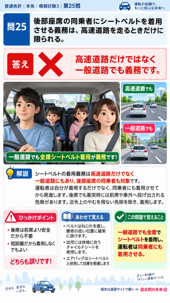 【普通免許本免学科試験】模擬試験3｜問25｜後部座席同乗者に着用させる義務｜自動車や一般原動機付自転車の運転の方法を解説する画像__honmen-set-03-q025