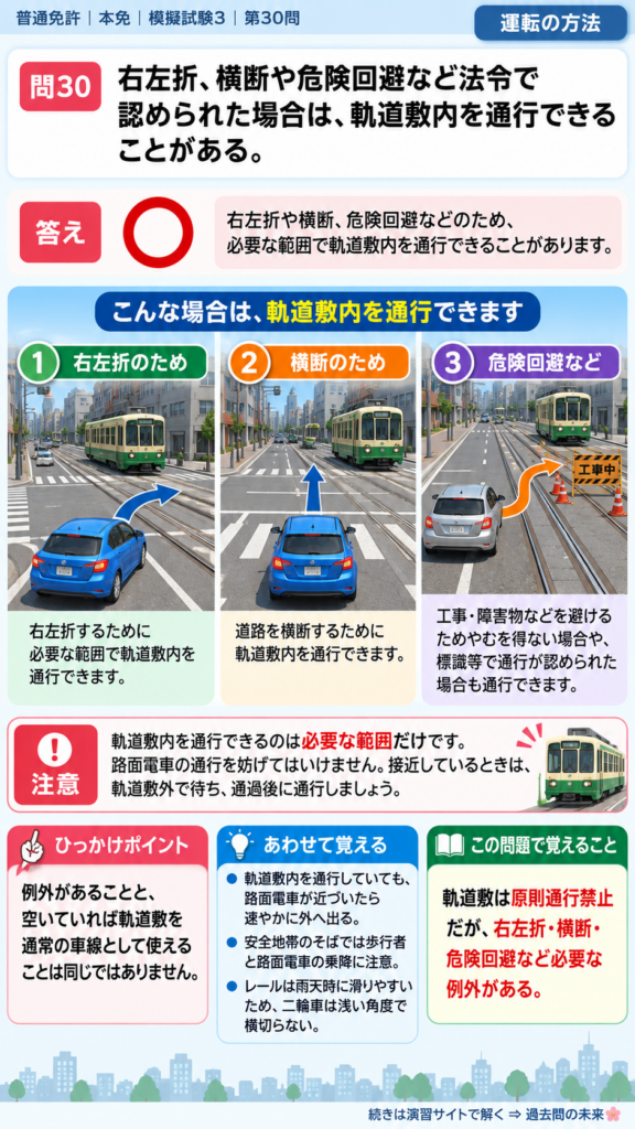 【普通免許本免学科試験】模擬試験3｜問30｜軌道敷内を通行できる場合｜自動車や一般原動機付自転車の運転の方法を解説する画像__honmen-set-03-q030