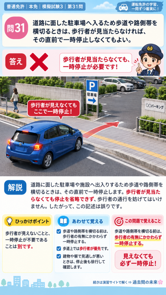 【普通免許本免学科試験】模擬試験3｜問31｜歩道や路側帯を横切るときの一時停止｜自動車や一般原動機付自転車の運転の方法を解説する画像__honmen-set-03-q031