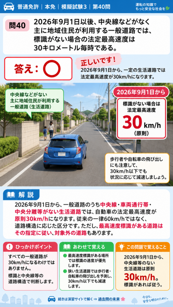 【普通免許本免学科試験】模擬試験3｜問40｜中央線等のない生活道路での法定30キロ規制｜自動車や一般原動機付自転車の運転の方法を解説する画像__honmen-set-03-q040