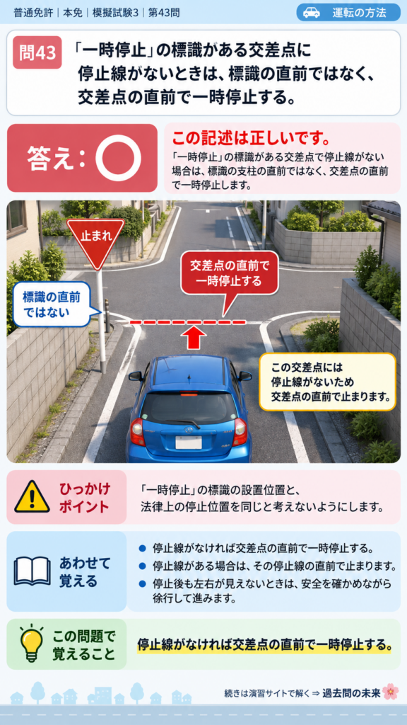 【普通免許本免学科試験】模擬試験3｜問43｜停止線がない一時停止場所の停止位置｜自動車や一般原動機付自転車の運転の方法を解説する画像__honmen-set-03-q043