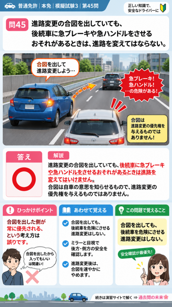 【普通免許本免学科試験】模擬試験3｜問45｜合図を出してもできない進路変更｜自動車や一般原動機付自転車の運転の方法を解説する画像__honmen-set-03-q045