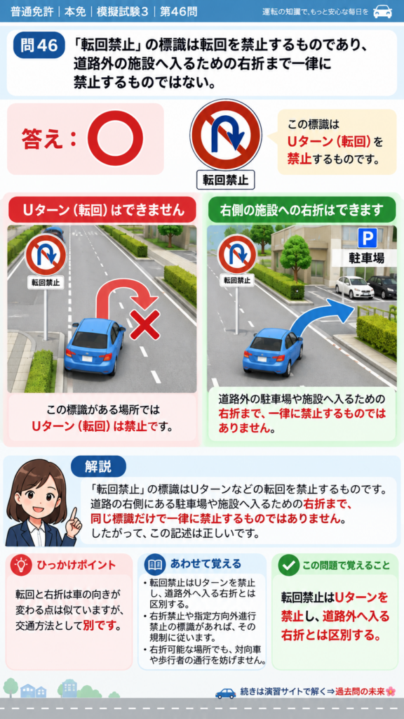 【普通免許本免学科試験】模擬試験3｜問46｜転回禁止と道路外施設への右折｜自動車や一般原動機付自転車の運転の方法を解説する画像__honmen-set-03-q046